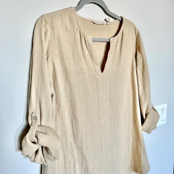 Soft Surroundings Gauze Cotton Vneck Tunic Top Roll-tab Sleeves Beige Tan Size M - Picture 4 of 6
